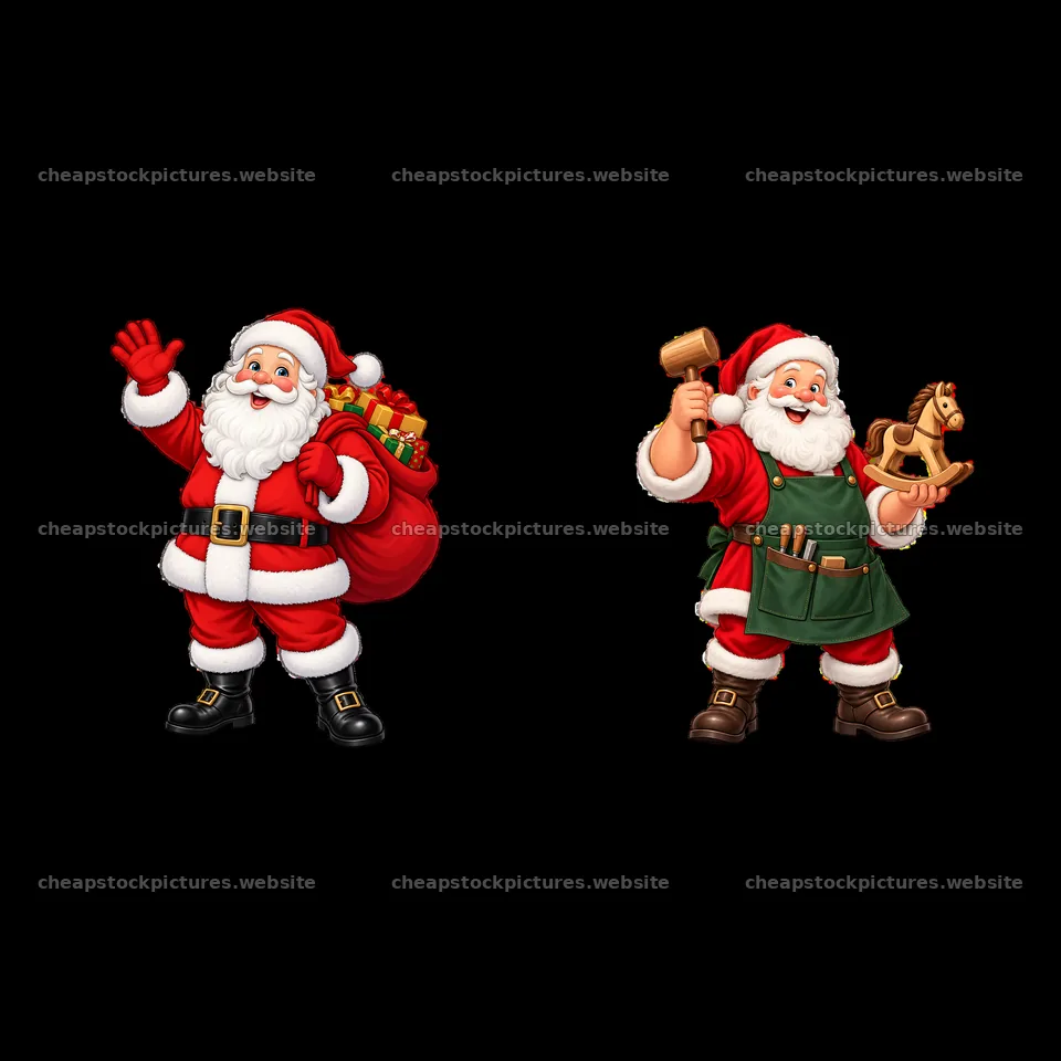 Santa Claus waving and Santa Claus holding a toy hammer – stock pictures 7746x7746