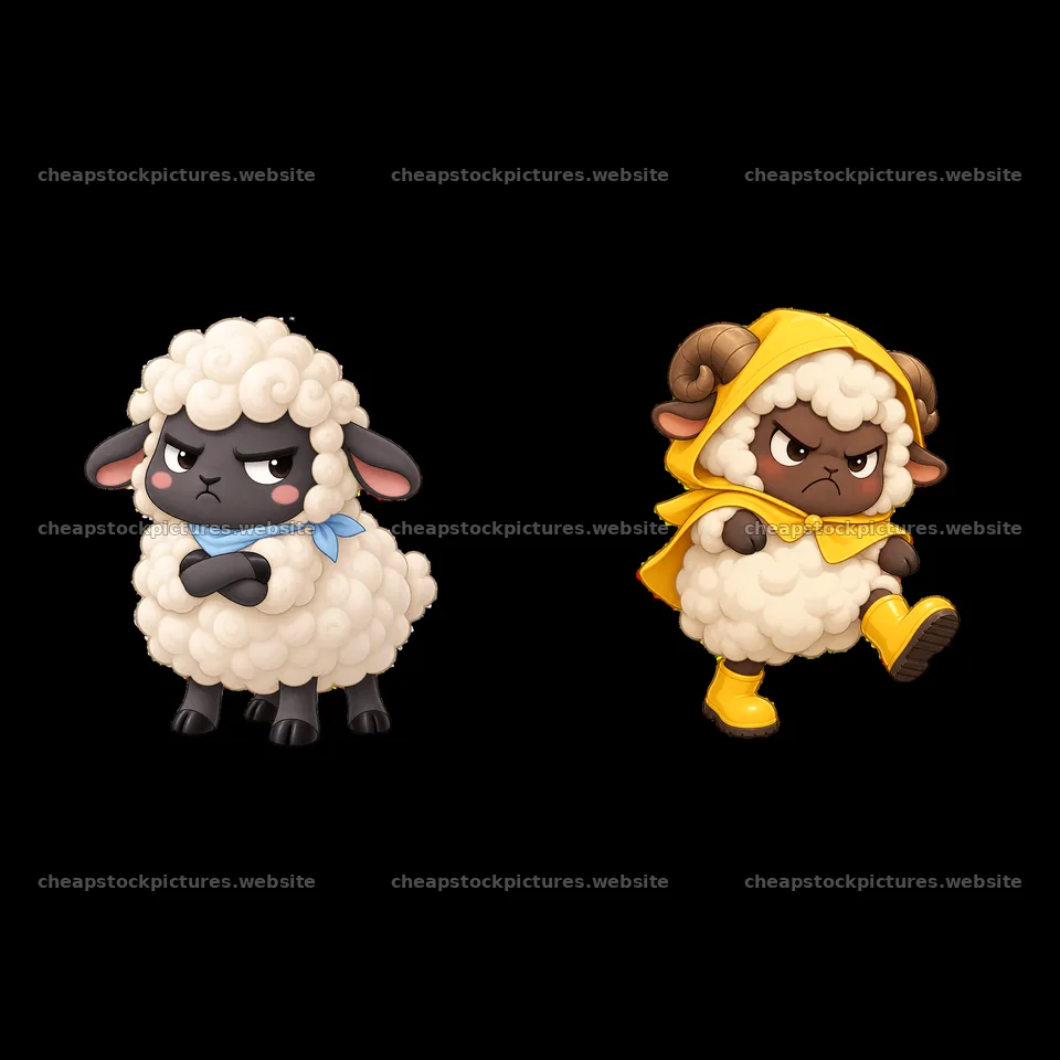 Kawaii grumpy sheep characters in cute poses with accessories – stock pictures 7746x7746