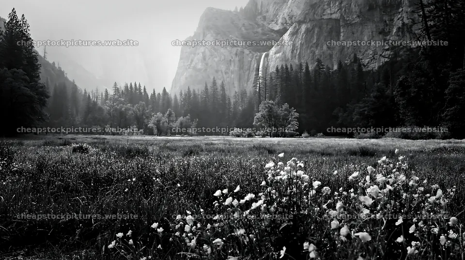 Cascade valley flower meadow with mountains and waterfall – stock pictures 10608x5938