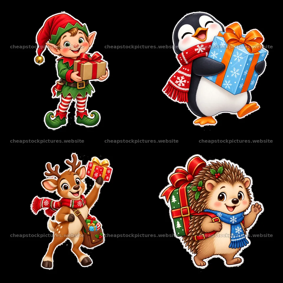 Christmas characters holding presents in a 2x2 arrangement – stock pictures 7746x7746
