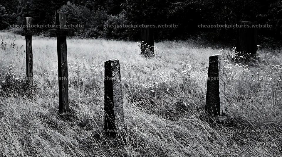 Christian crosses in conservation meadow under cloudy sky – stock pictures 10608x5938