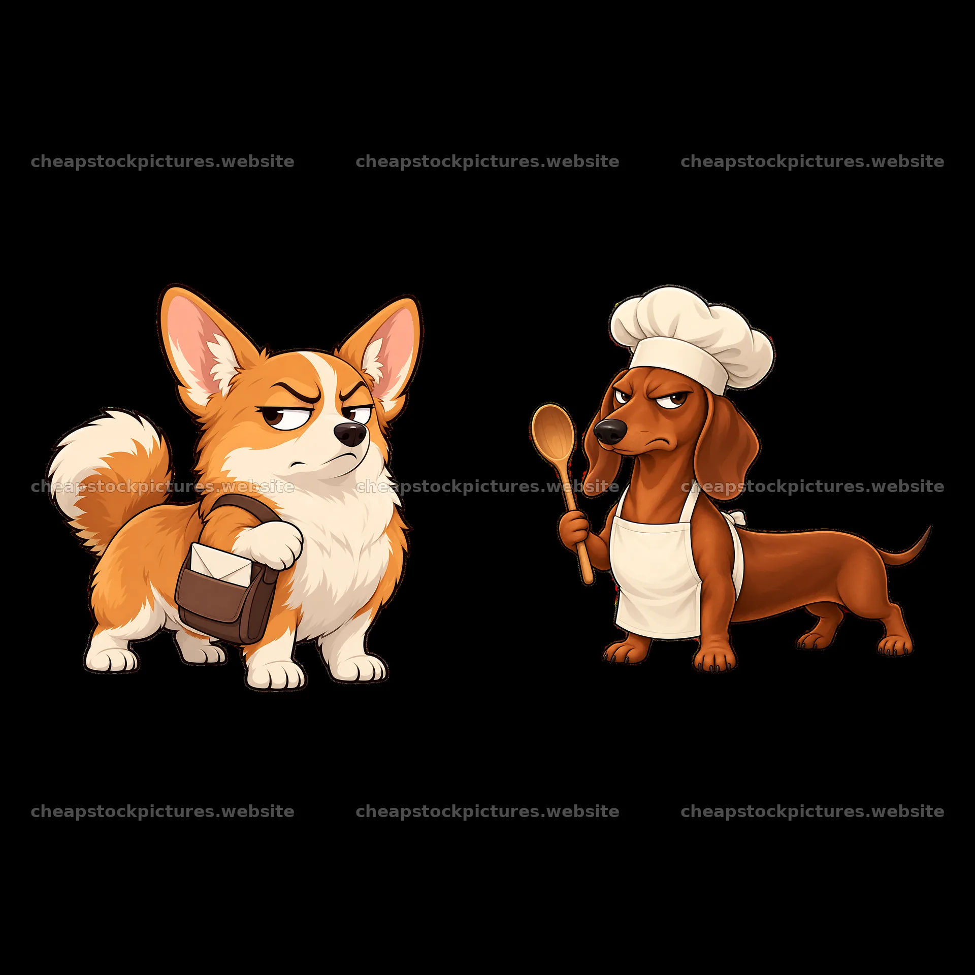 Grumpy dog duo with a corgi holding takeout and a chef dachshund – stock pictures 7746x7746