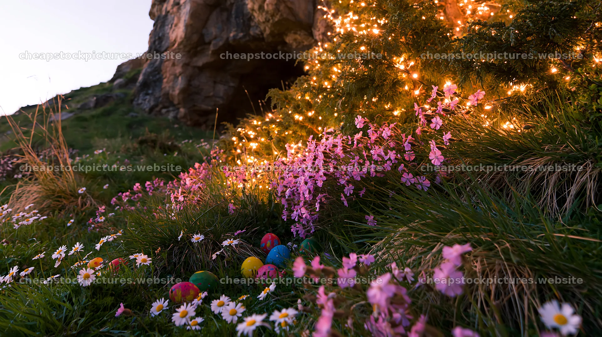 Christmas tree near cave in meadow with flowers and lights – stock pictures 10608x5938