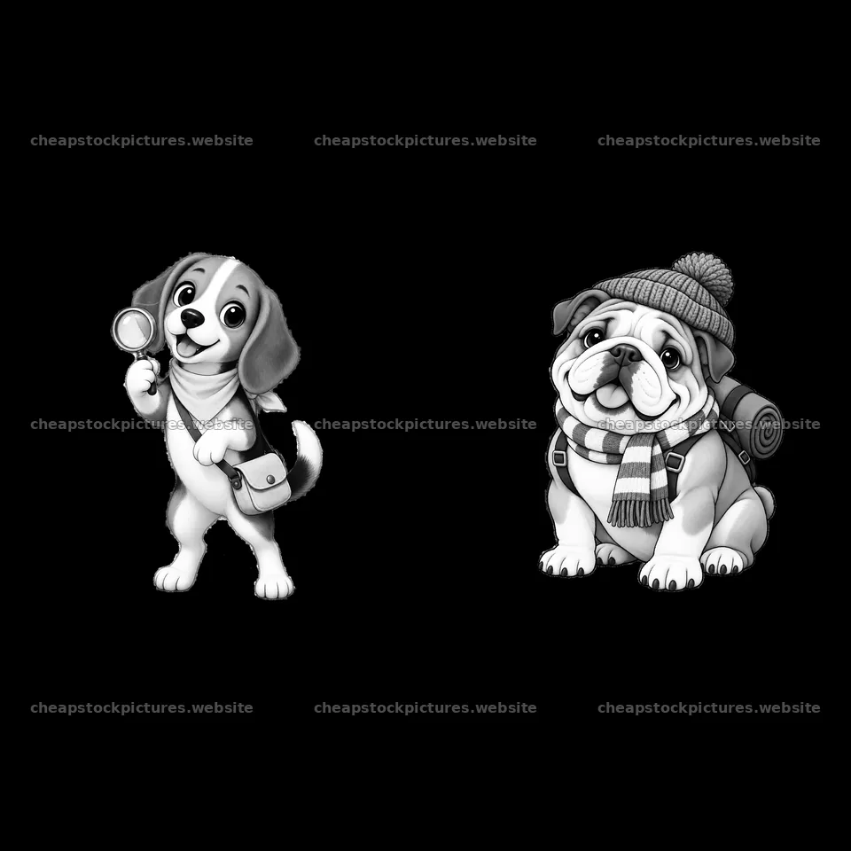 K-9 cartoon dogs with a magnifying glass and travel gear – stock pictures 7746x7746