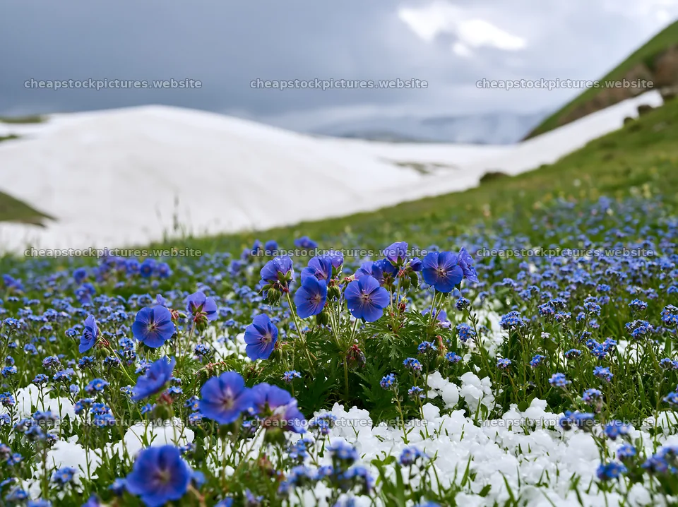 Snowline meadow with blue flowers and white snow patches – stock pictures 9174x6866