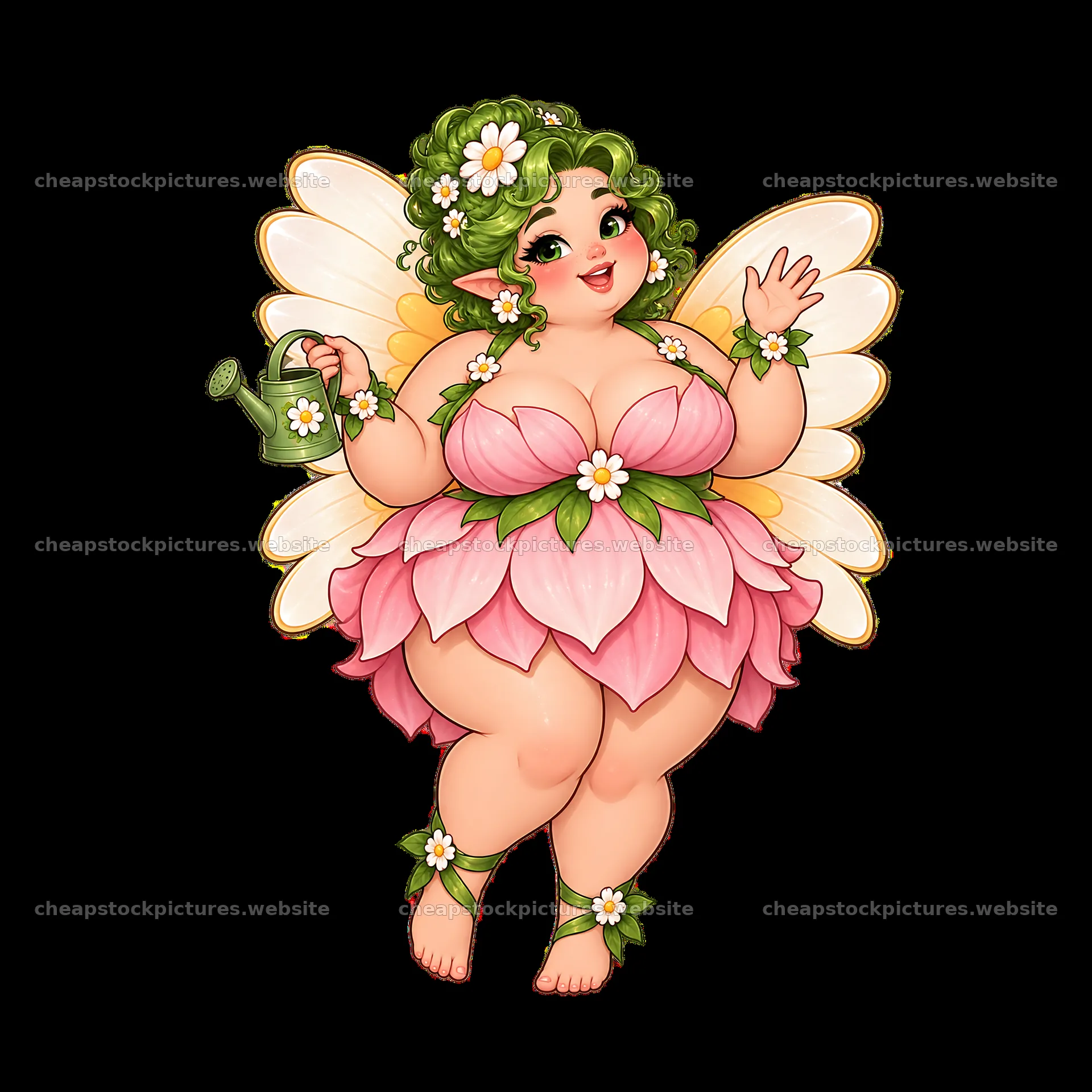 Kawaii ultra-fat fairy holding a watering can and waving – stock pictures 7746x7746
