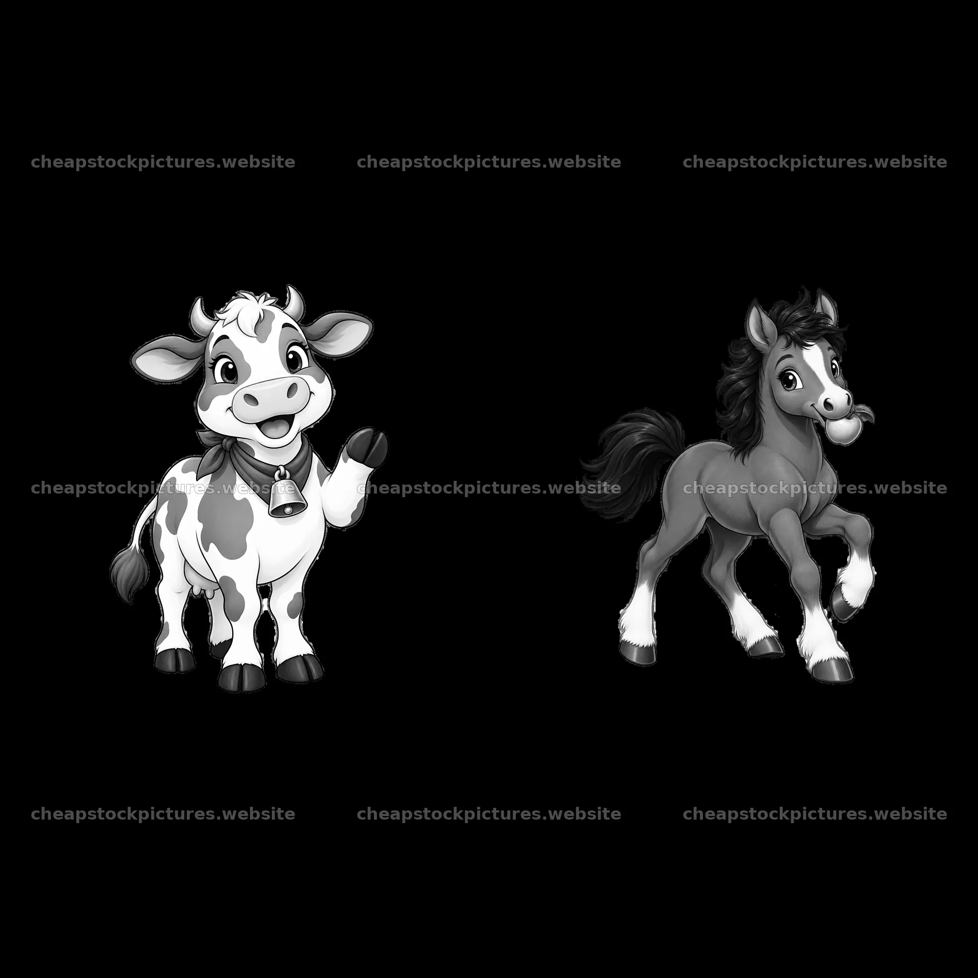 Cartoon cow and horse characters waving on a farm – stock pictures 7746x7746