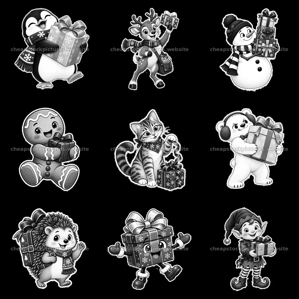 Cartoon animals and characters holding Christmas gifts in grid – stock pictures 7746x7746
