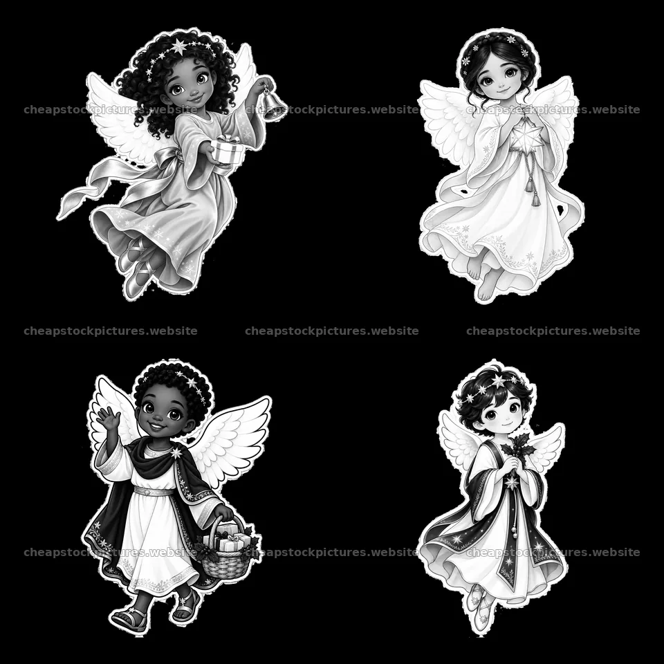 Christ Child cartoon sticker set with angels delivering gifts – stock pictures 7746x7746