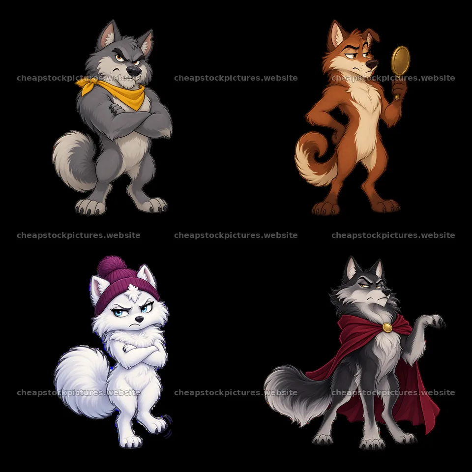 Grumpy cartoon wolves in various poses with distinct features – stock pictures 7746x7746