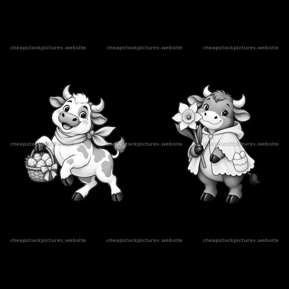 Cartoon cows with baskets and flowers for Easter celebration – stock pictures 7746x7746