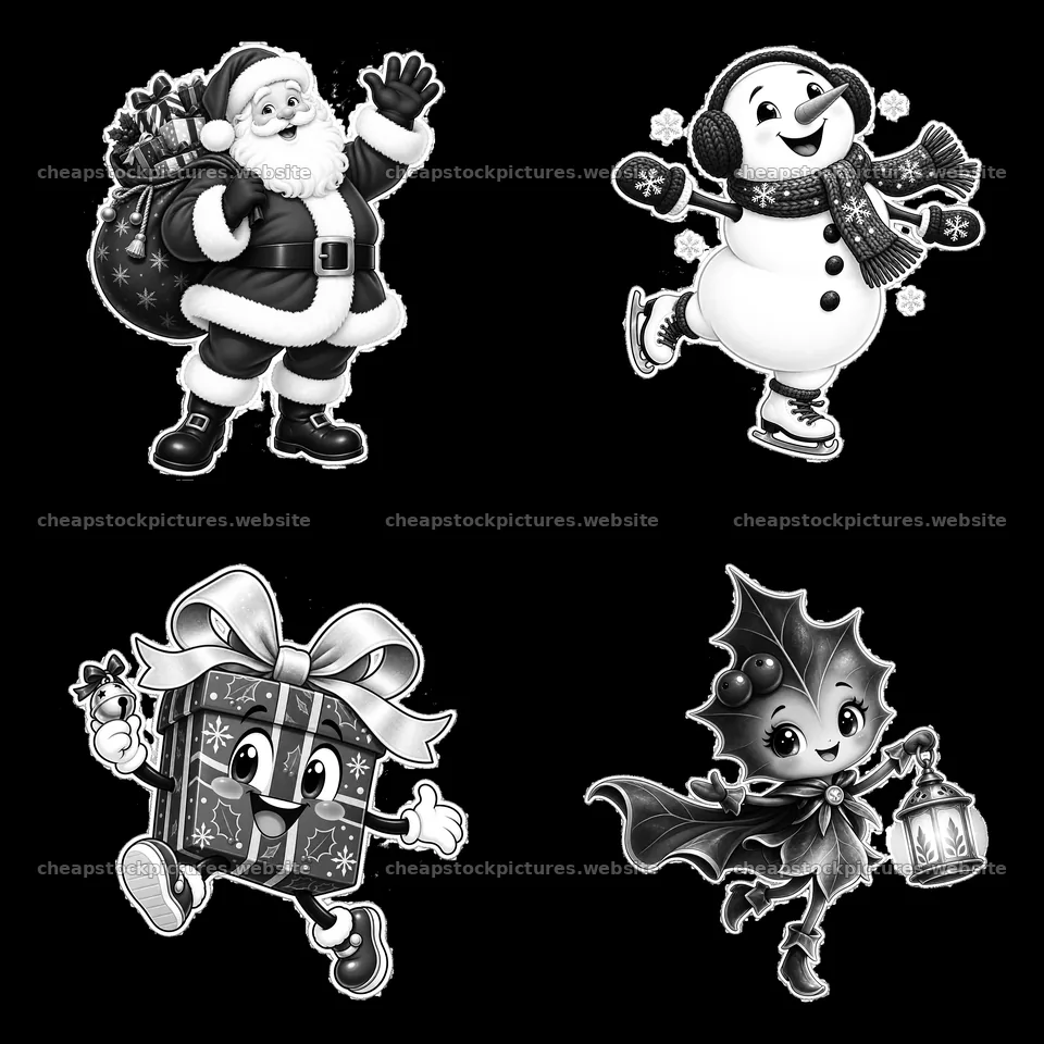 Christmas characters in black and white sticker illustration – stock pictures 7746x7746