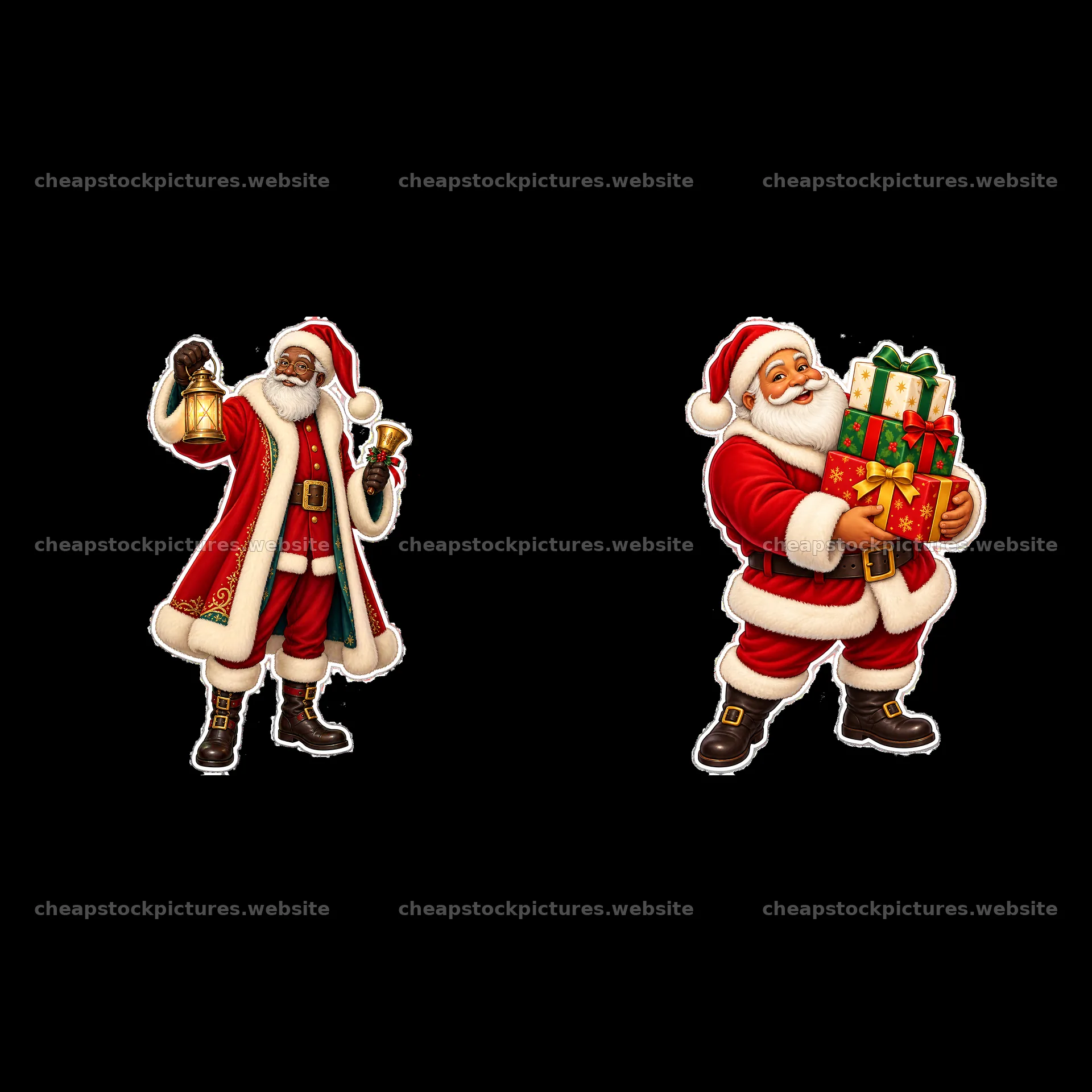 Two Santa Claus characters holding gifts and a bell – stock pictures 7746x7746