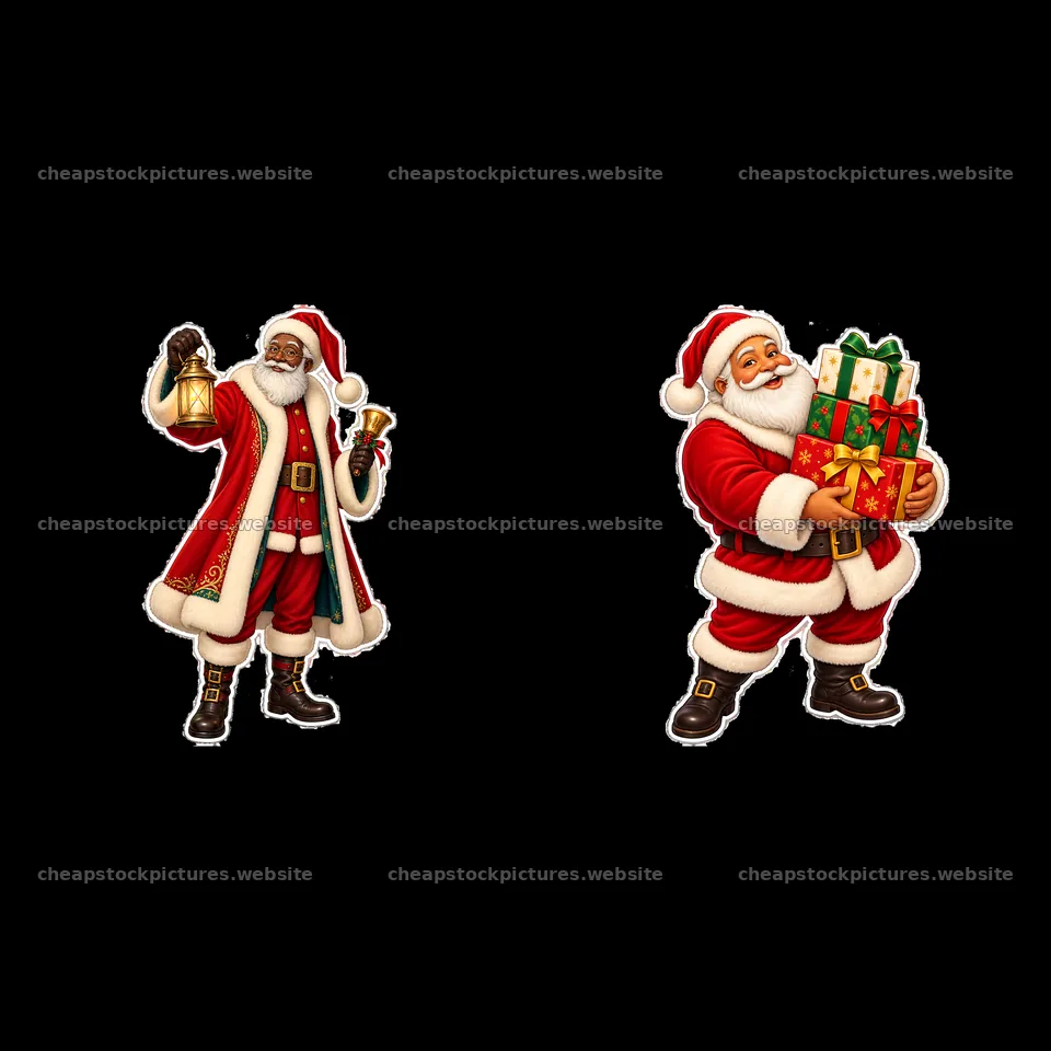 Two Santa Claus characters holding gifts and a bell – stock pictures 7746x7746
