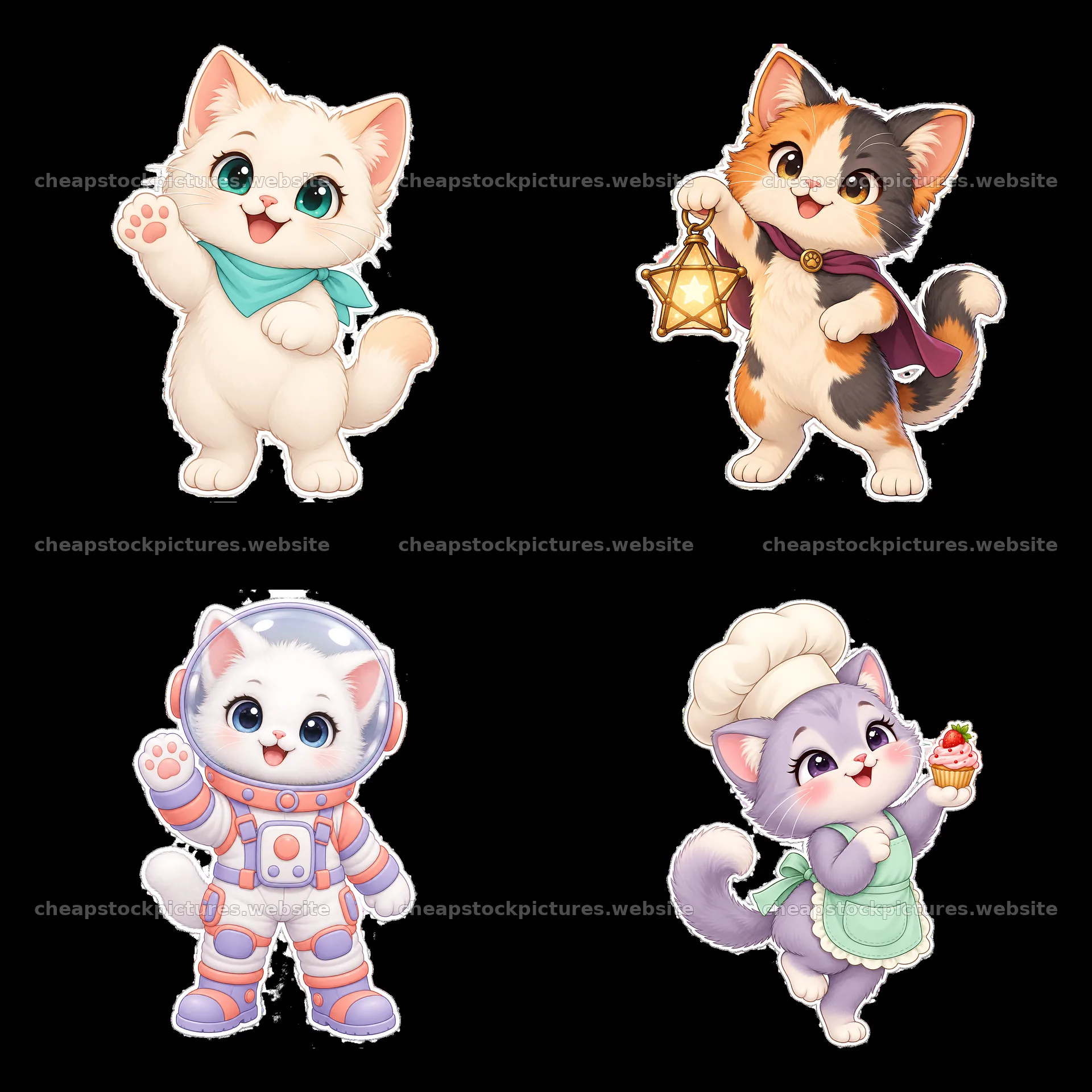 Kawaii cats in cute costumes holding lantern, cupcake, and more – stock pictures 7746x7746