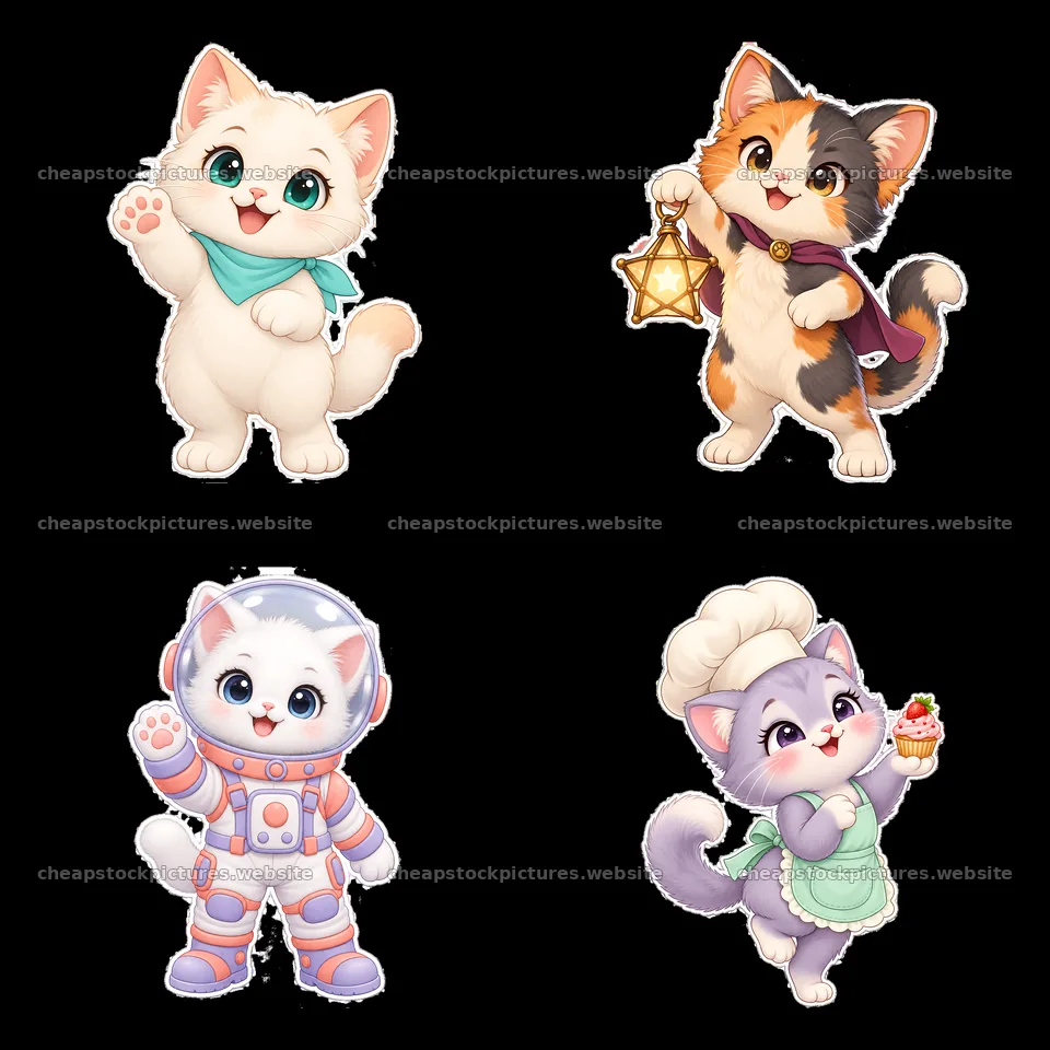 Kawaii cats in cute costumes holding lantern, cupcake, and more – stock pictures 7746x7746