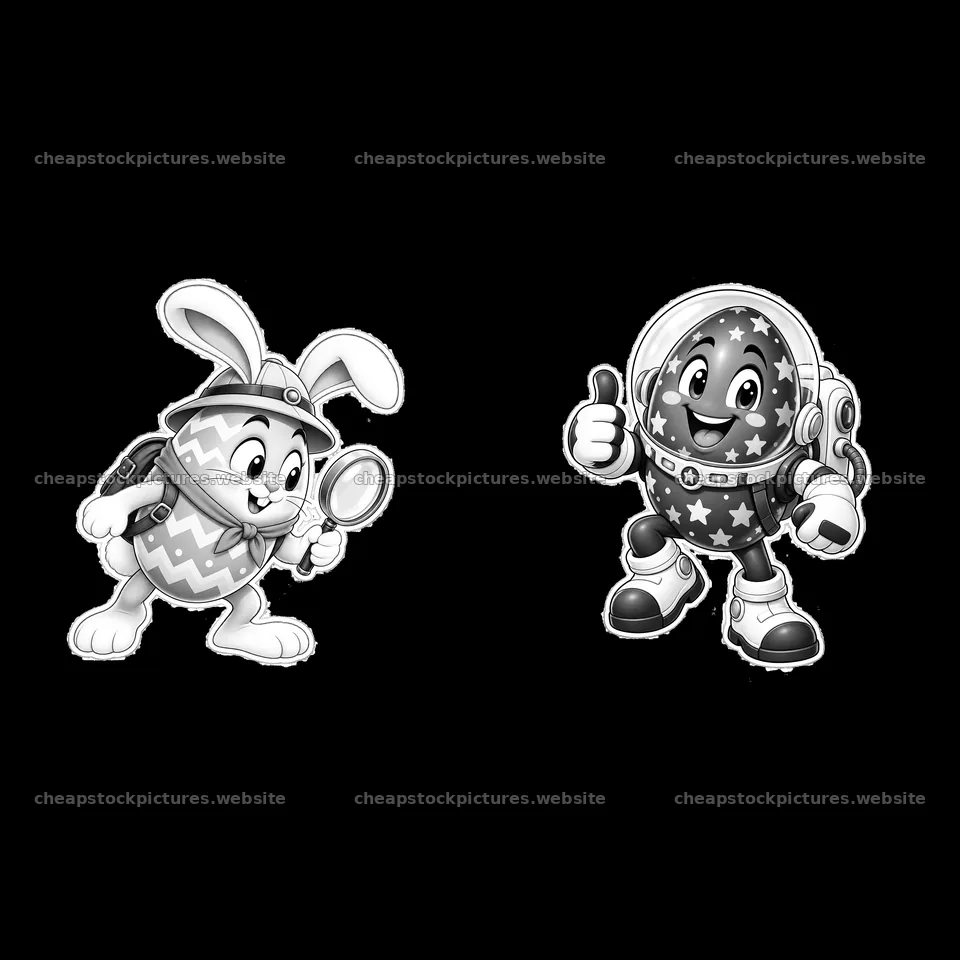 Easter bunny and decorated egg characters exploring together – stock pictures 7746x7746