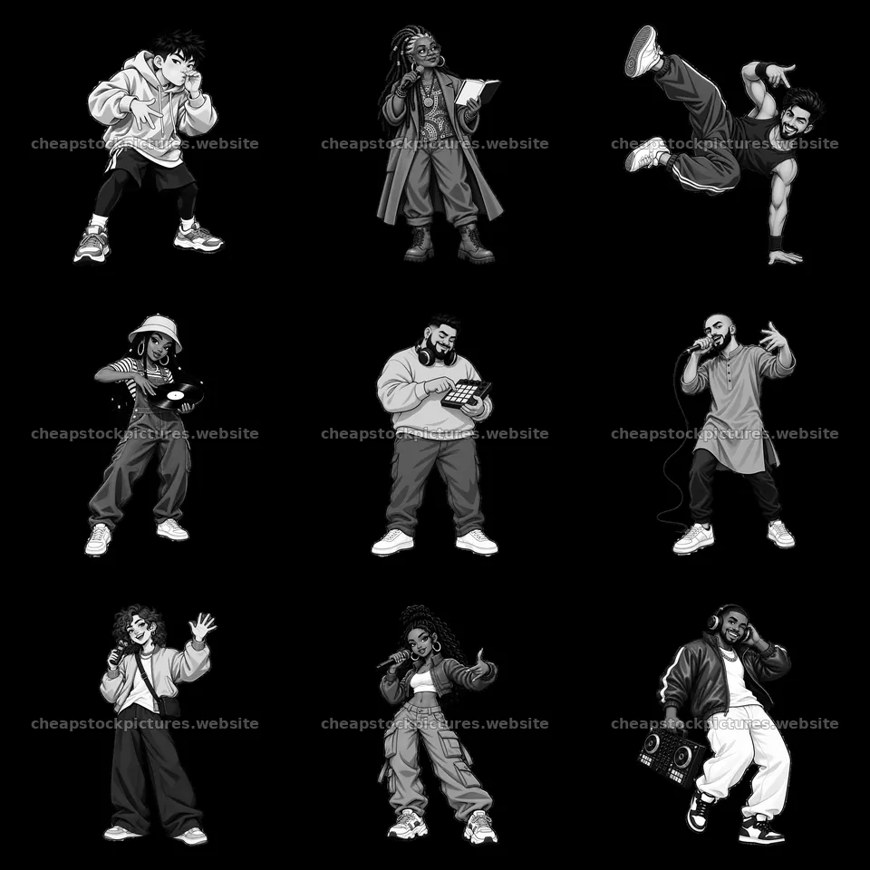 Hip-hop artists in diverse poses showcasing musical talent – stock pictures 7746x7746