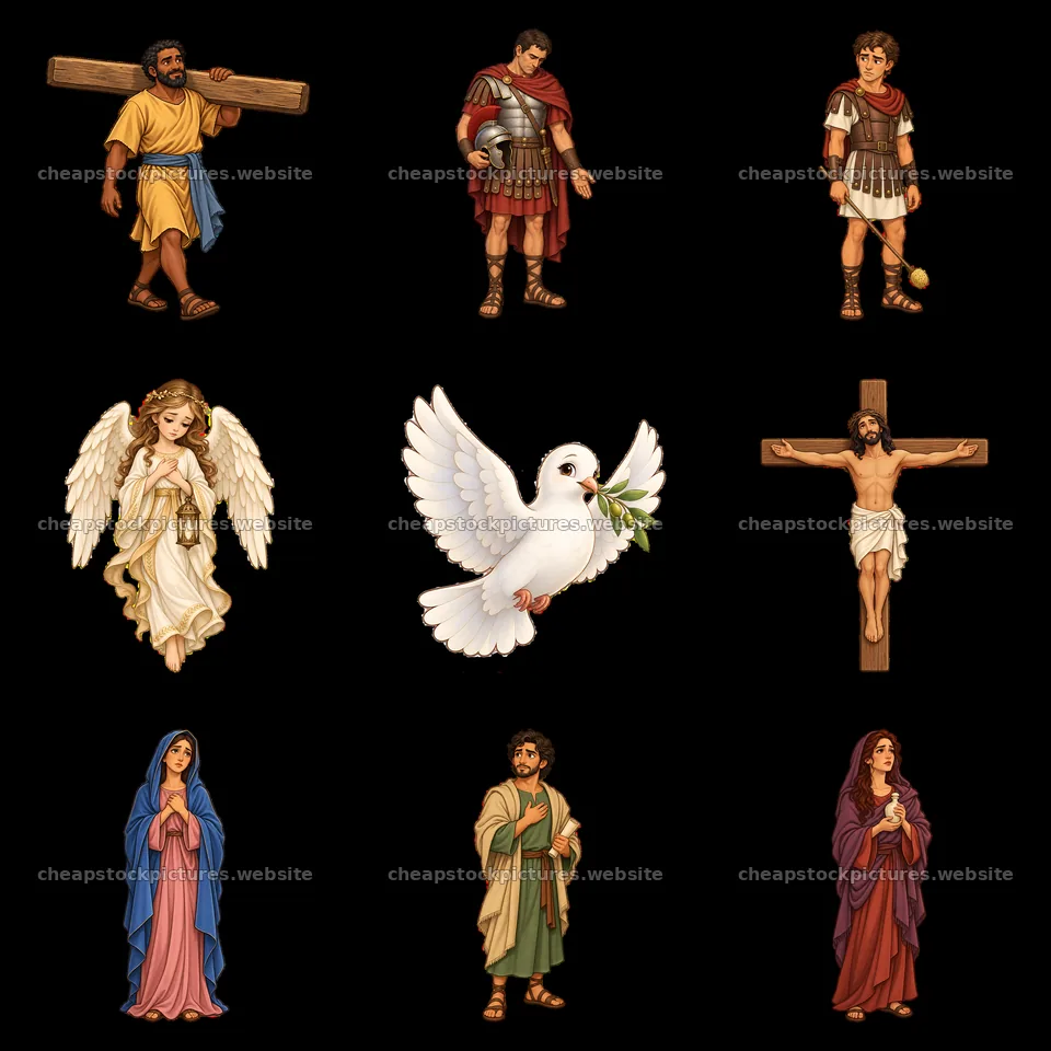 Jesus on the cross with angels, soldiers, and Mary in a 3x3 layout – stock pictures 7746x7746