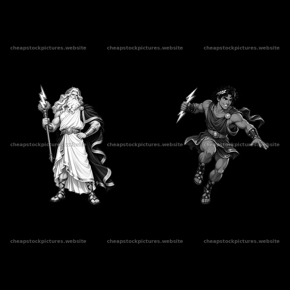 Zeus with lightning bolt and younger figure holding thunderbolt – stock pictures 7746x7746
