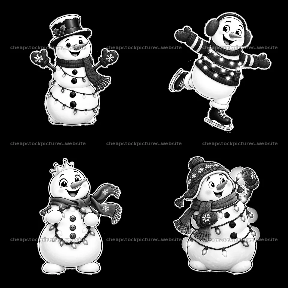 Snowman characters adorned with string lights in a 2x2 layout – stock pictures 7746x7746