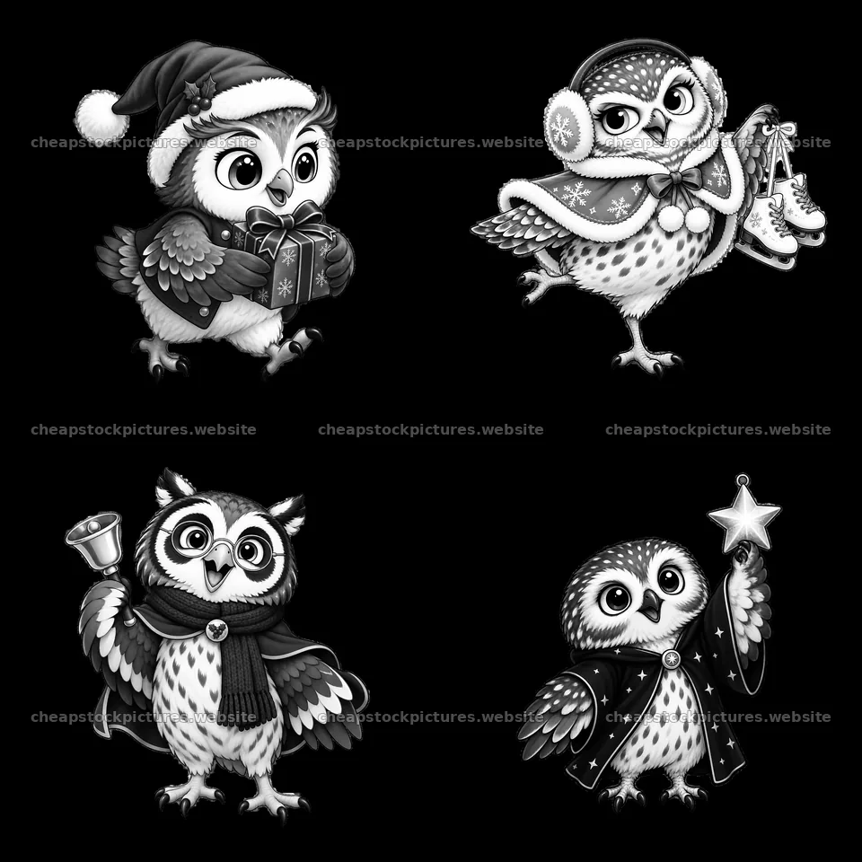 Christmas owl characters with gifts and winter accessories – stock pictures 7746x7746
