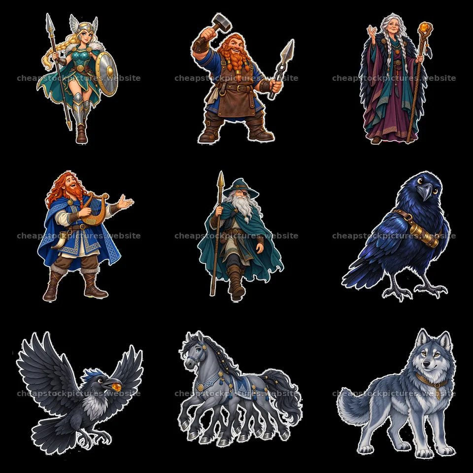 Norse mythology characters in a 3x3 cartoon sticker layout – stock pictures 7746x7746