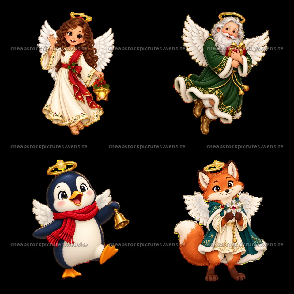 Christmas angel cartoon characters with gifts and animals – stock pictures 7746x7746