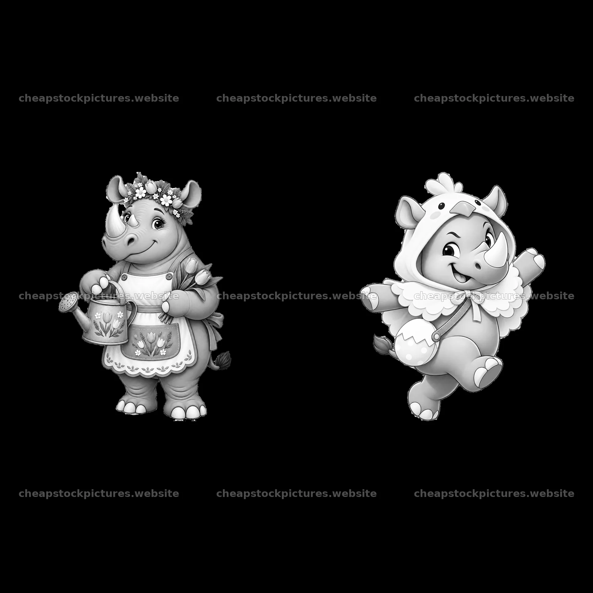 Easter rhinoceros characters in black-and-white cartoon style – stock pictures 7746x7746