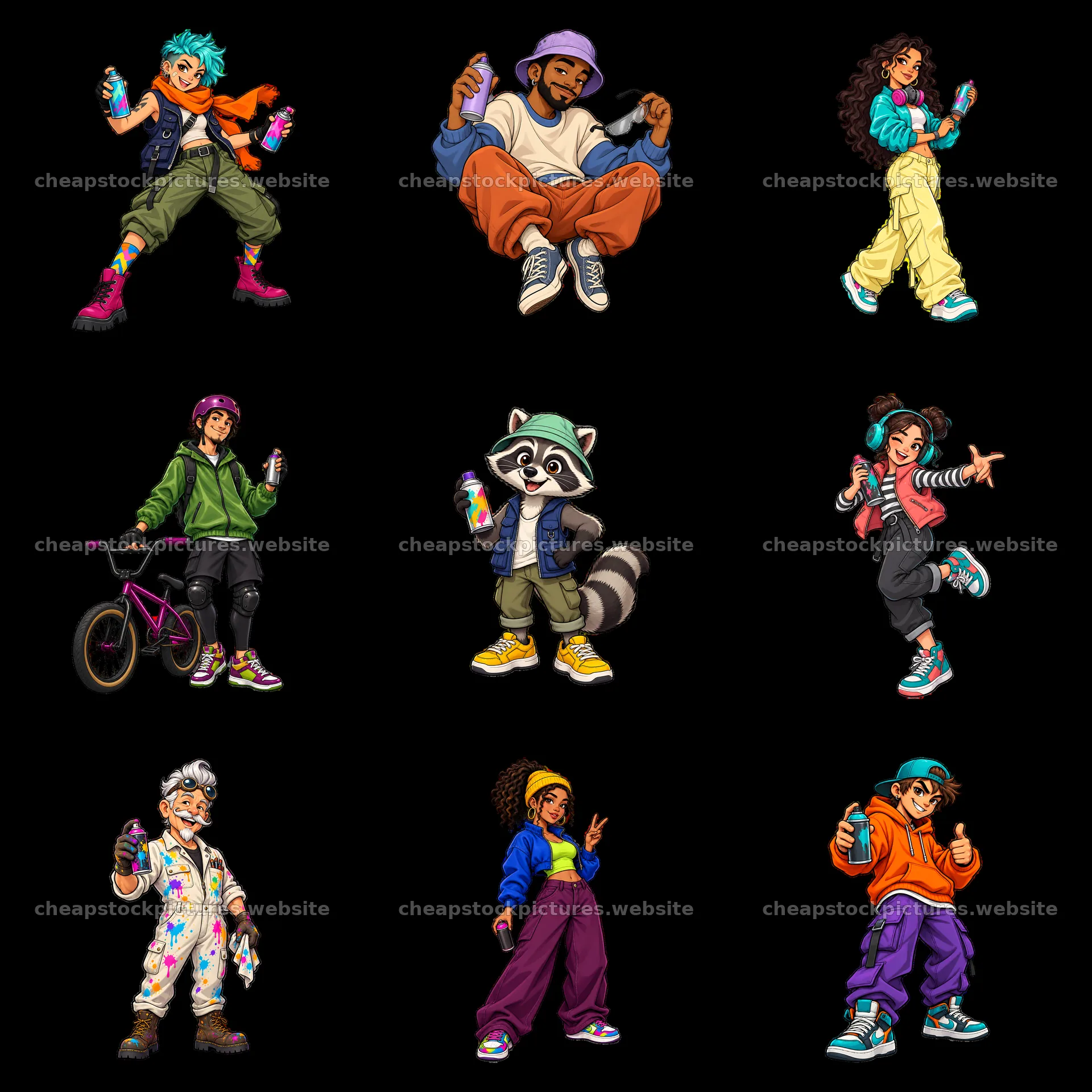 Cool graffiti sprayer characters in a 3x3 grid layout – stock pictures 7746x7746