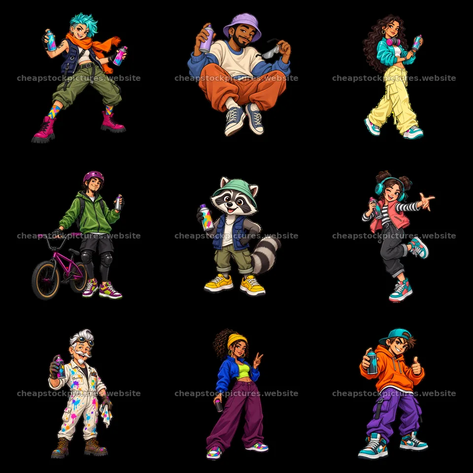 Cool graffiti sprayer characters in a 3x3 grid layout – stock pictures 7746x7746
