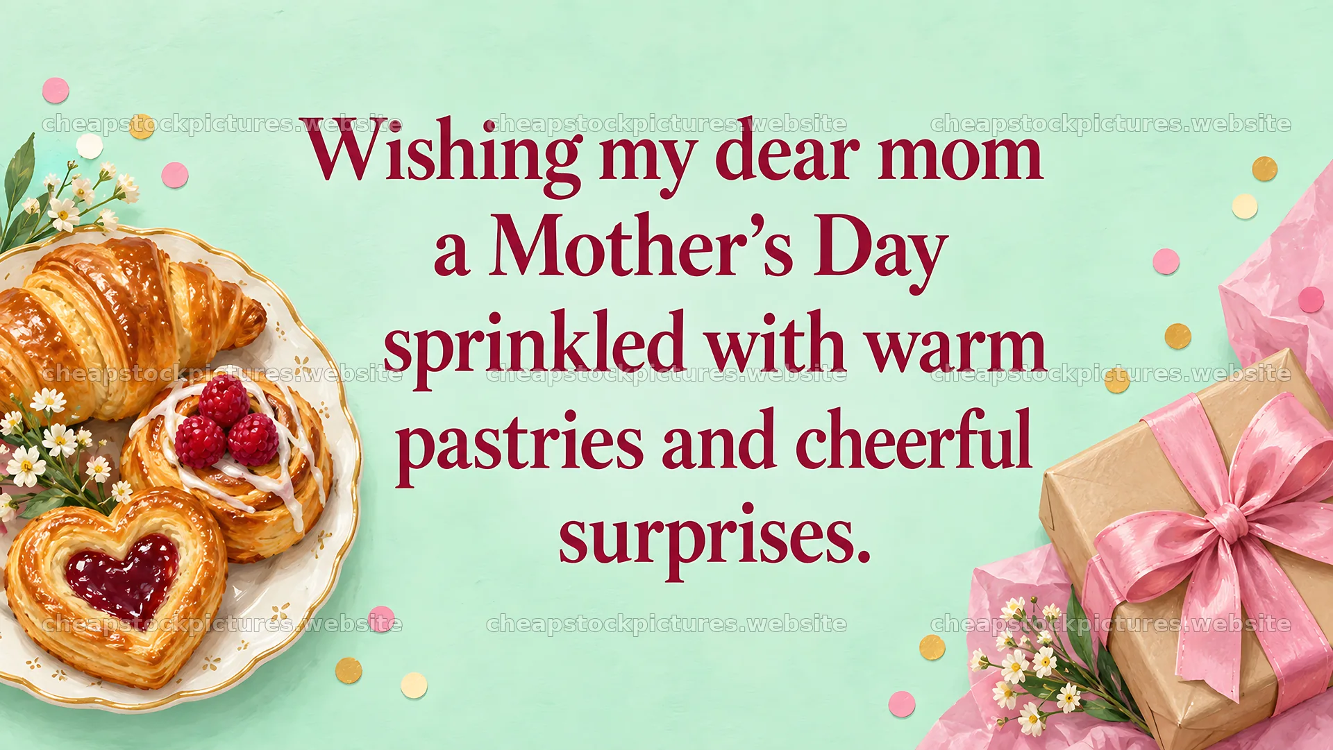 Mother's Day Greeting with Pastries and Gifts – stock pictures 10324x5812
