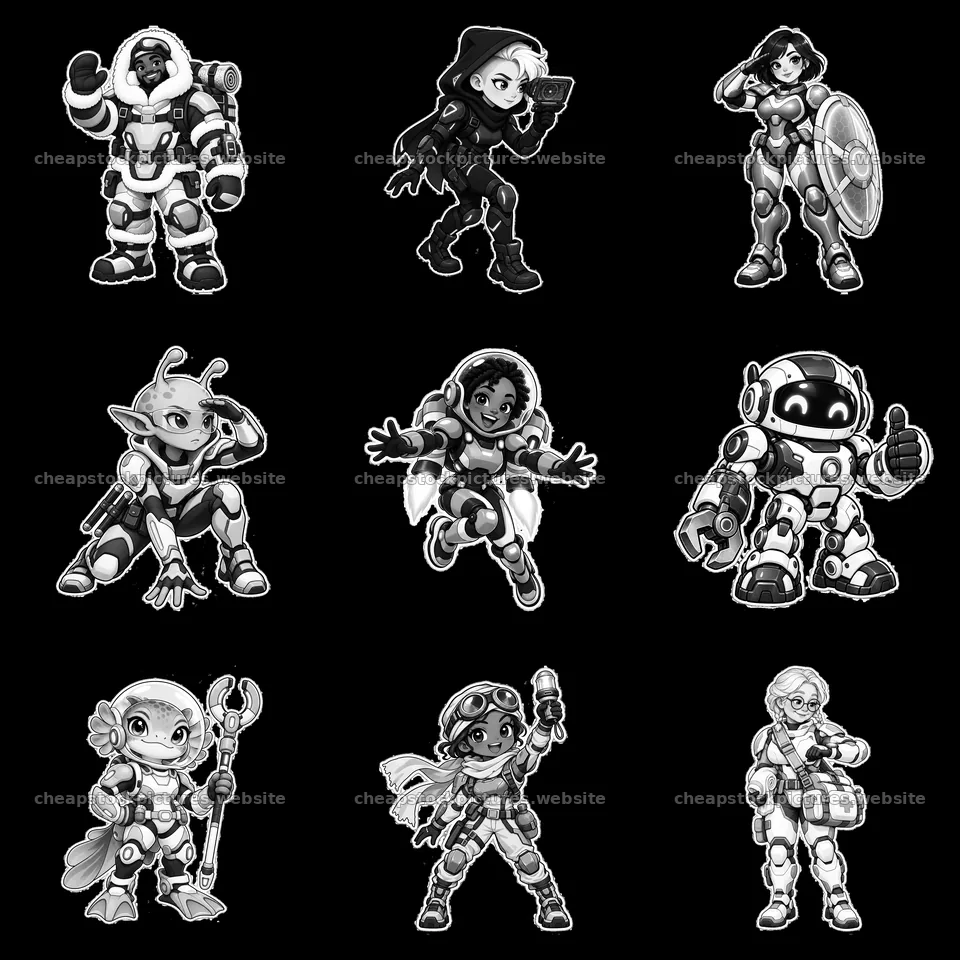 Kawaii futuristic super-soldier sticker set in monochrome design – stock pictures 7746x7746