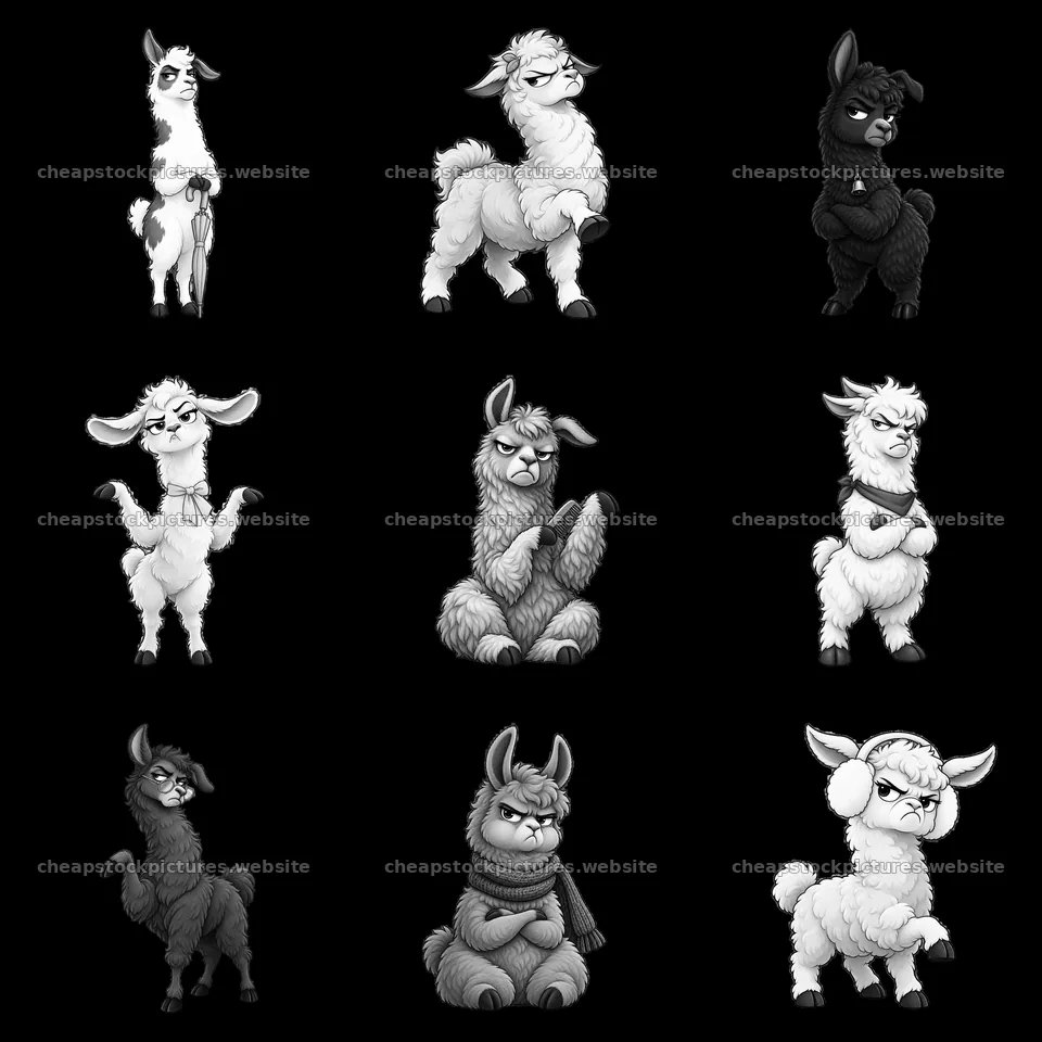 Grumpy llamas in various poses and expressions – stock pictures 7746x7746
