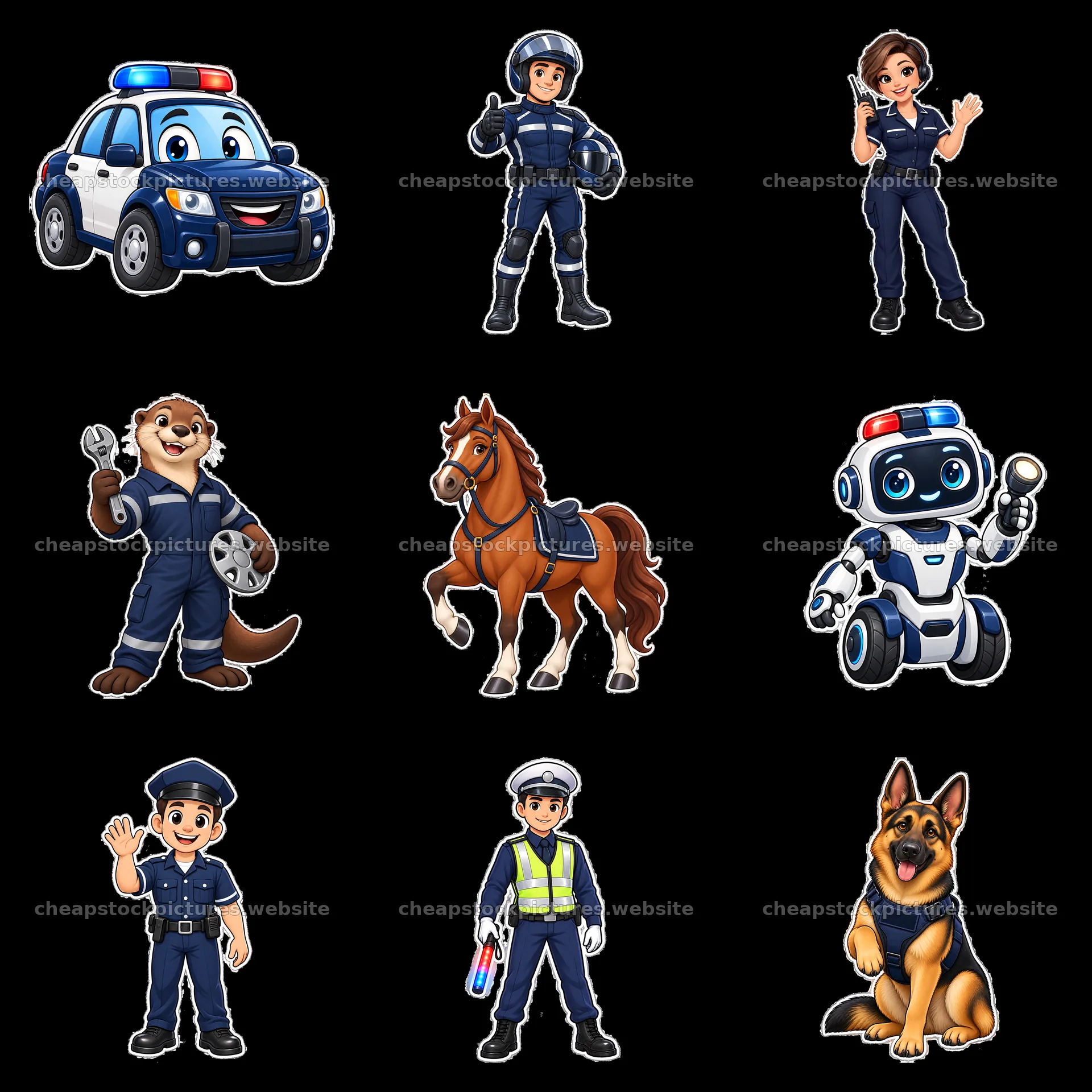 Police car and characters in a 3x3 layout with various roles – stock pictures 7746x7746