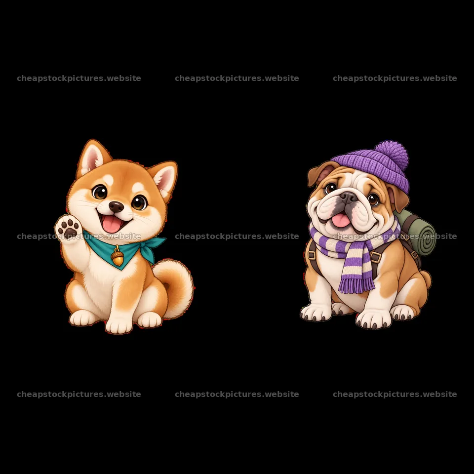 K-9 dogs waving and smiling with accessories in a cartoon style – stock pictures 7746x7746