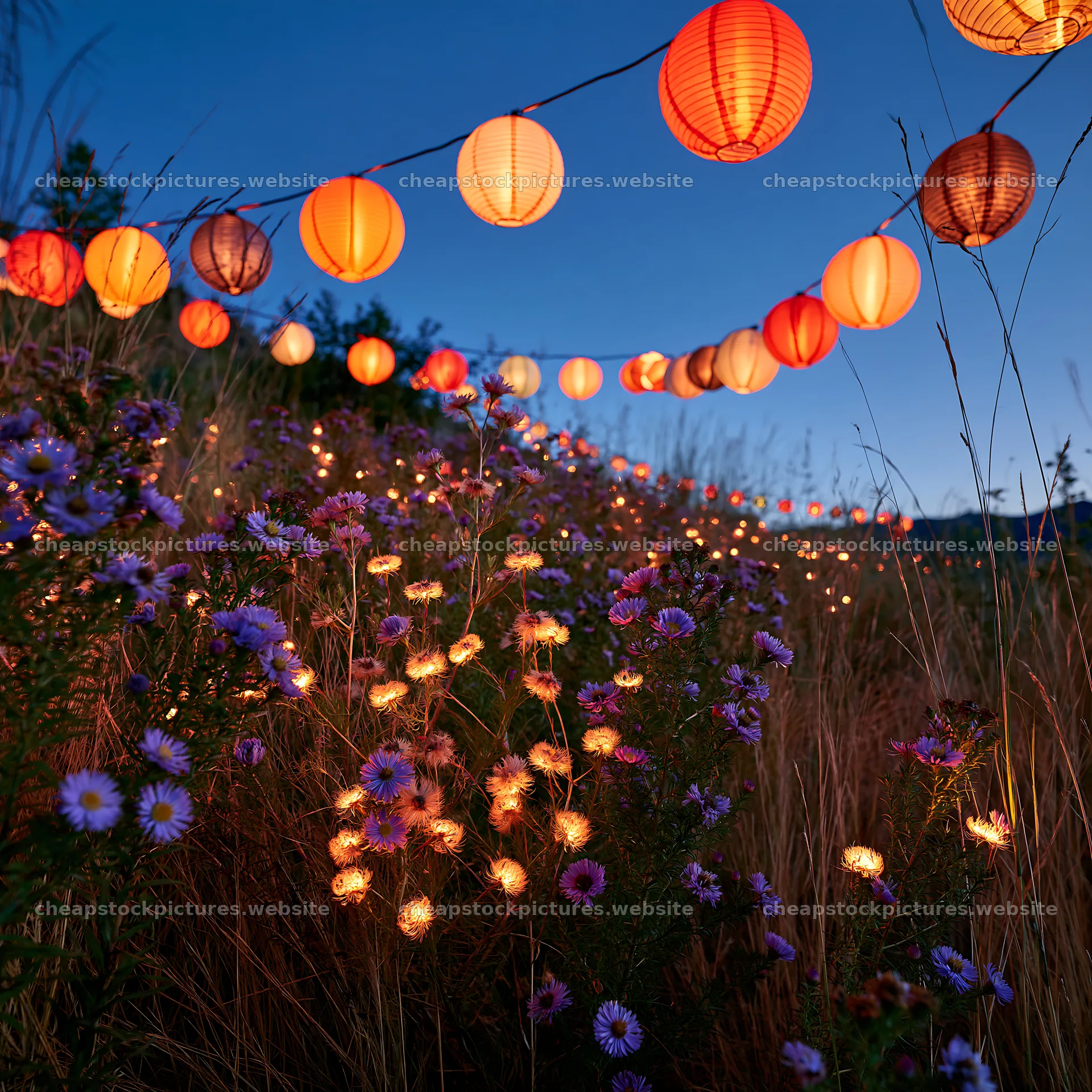 Vibrant Christmas lanterns illuminate meadow at twilight – stock pictures 7938x7938