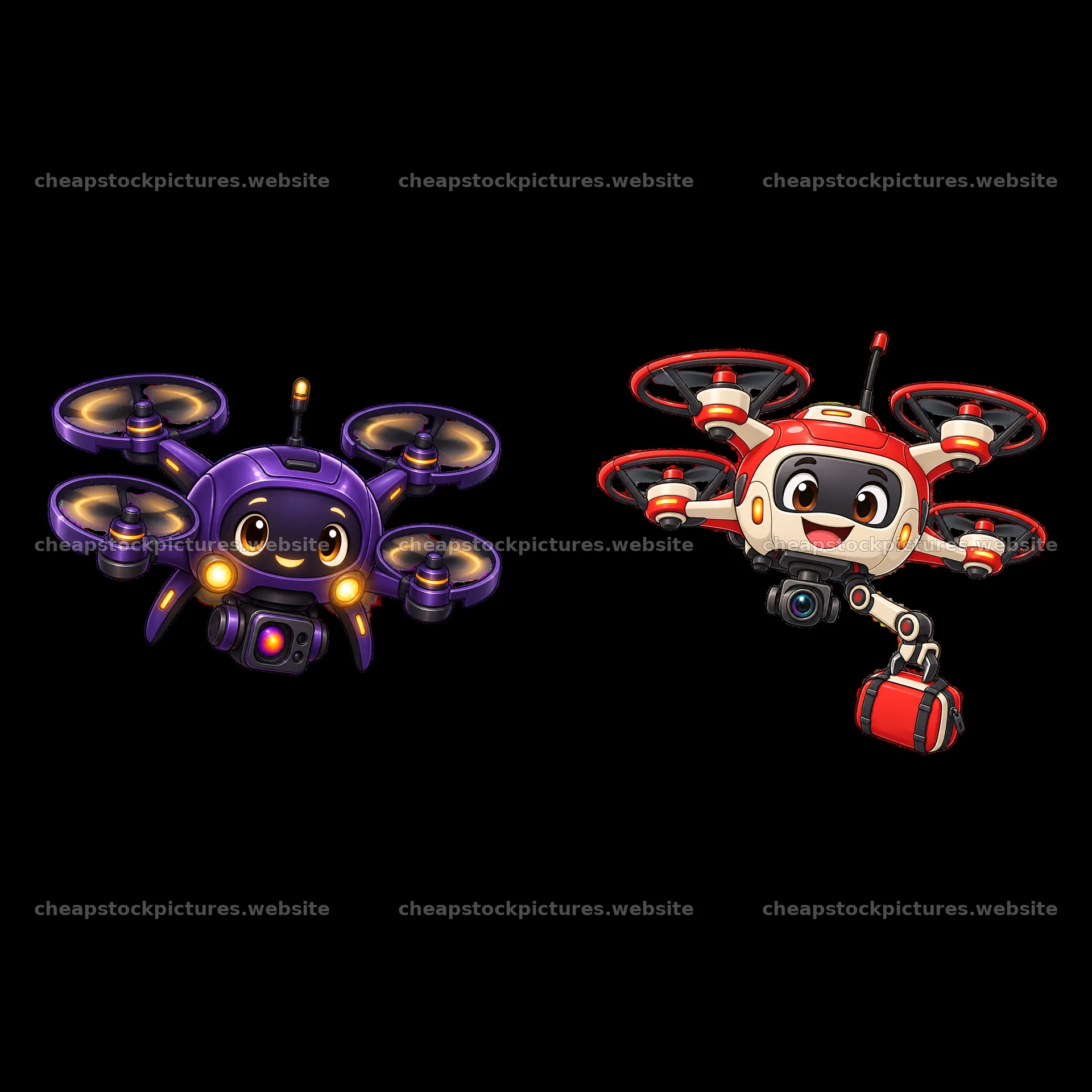 Two cartoon drones with camera and accessories in bright colors – stock pictures 7746x7746