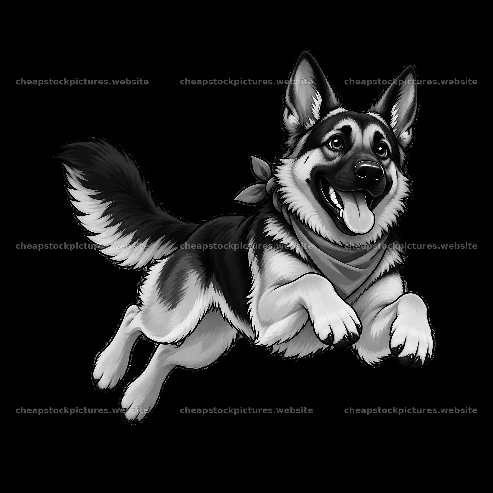 German Shepherd dog jumping with a bandana on its neck – stock pictures 7746x7746