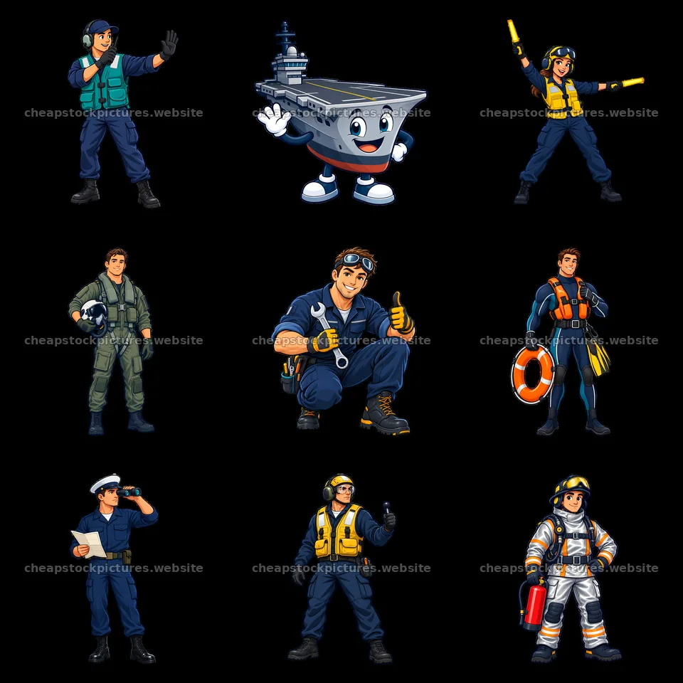 Cartoon characters on an aircraft carrier in a 3x3 sticker layout – stock pictures 7746x7746