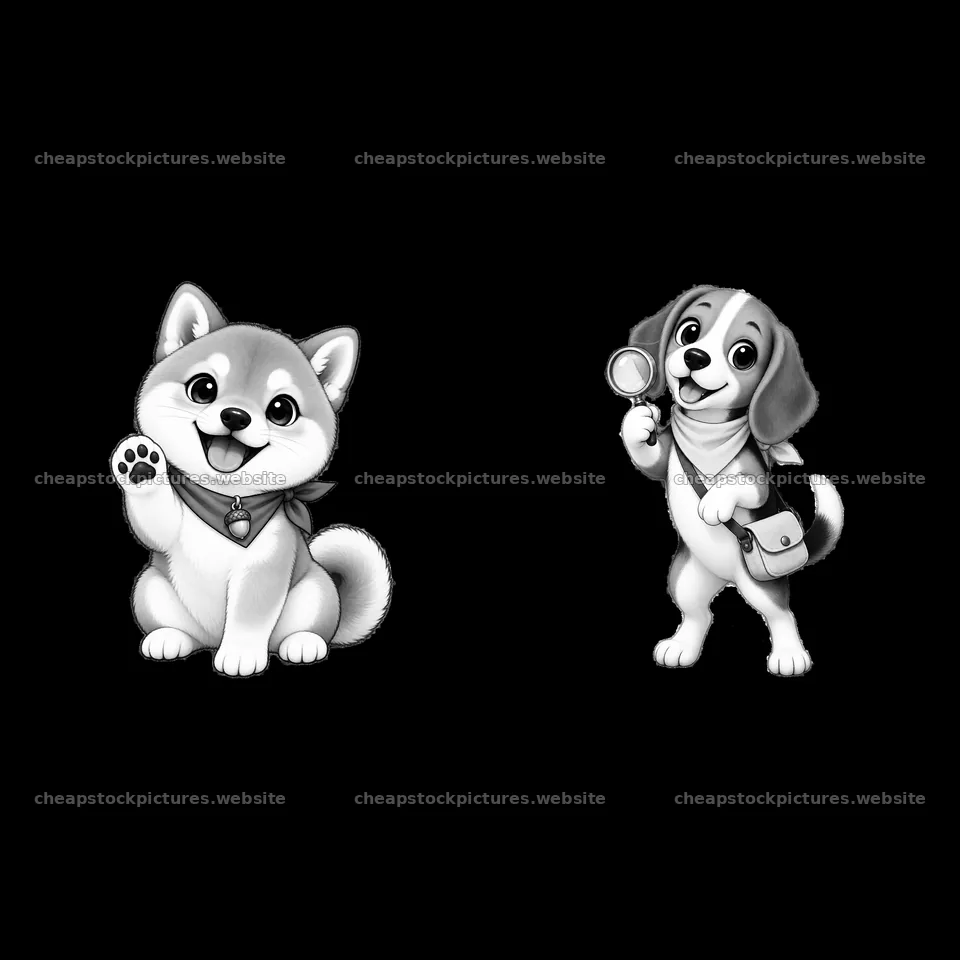 Cute K-9 cartoon dogs waving and investigating with accessories – stock pictures 7746x7746