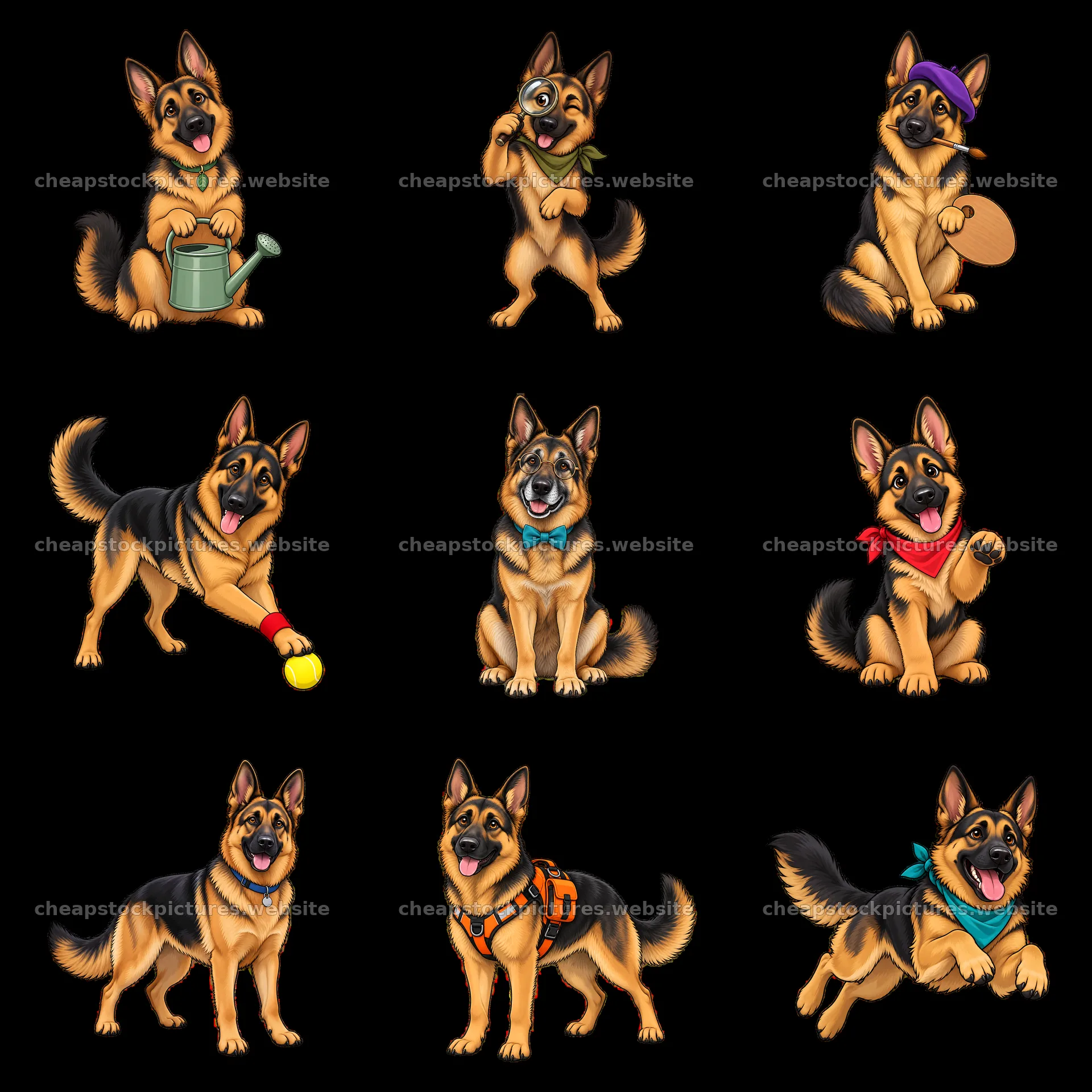 Nine playful German Shepherd dog cartoon stickers in various – stock pictures 7746x7746