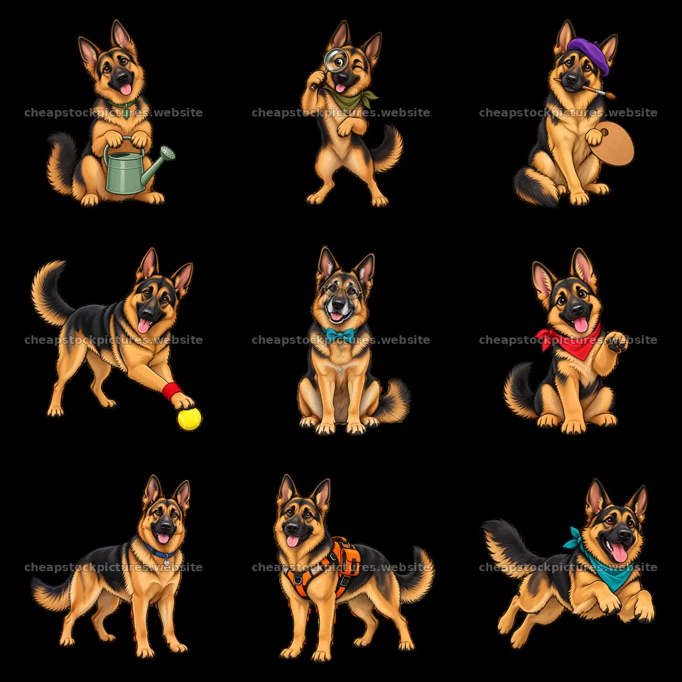 Nine playful German Shepherd dog cartoon stickers in various – stock pictures 7746x7746