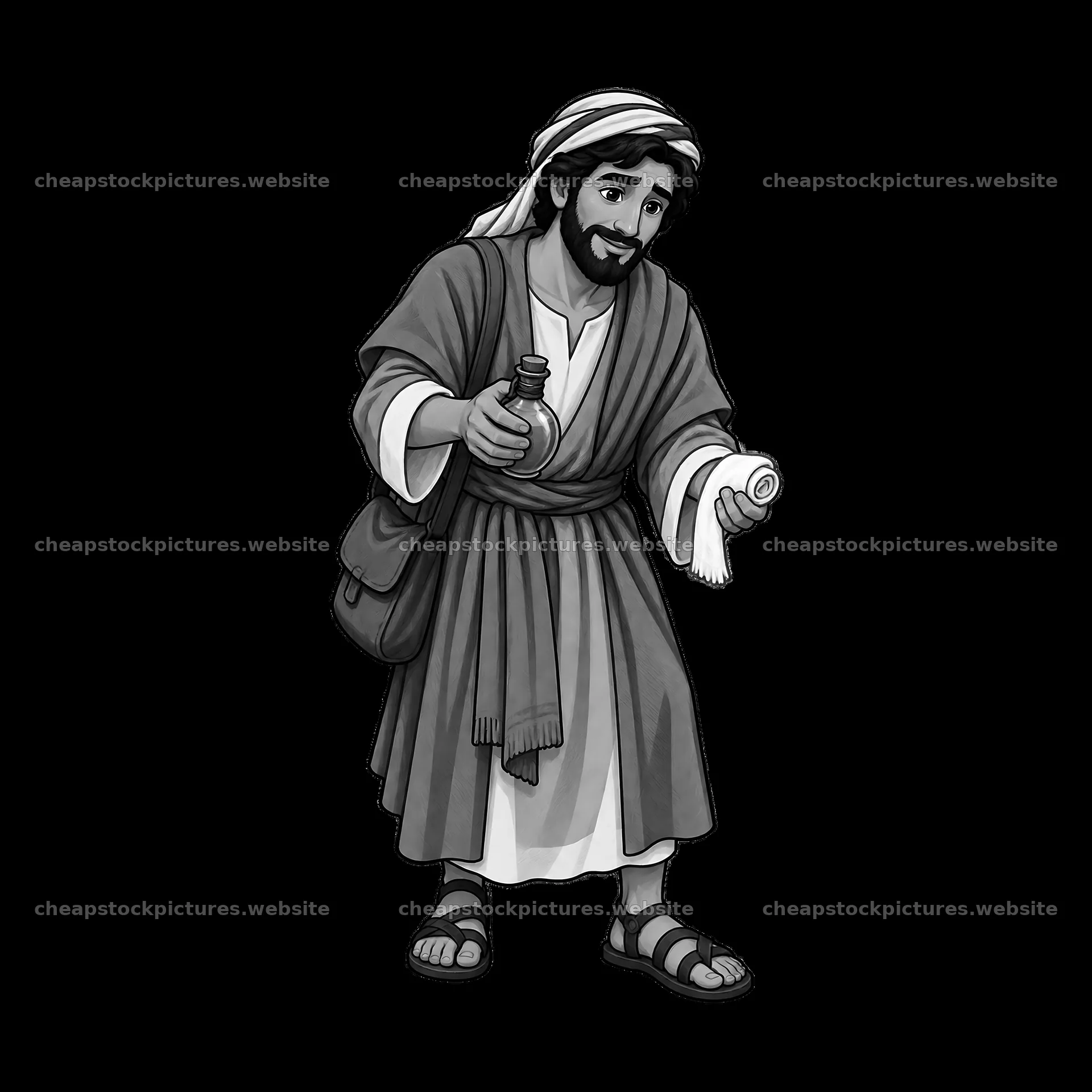 Jesus holding a scroll and a bottle while standing – stock pictures 7746x7746