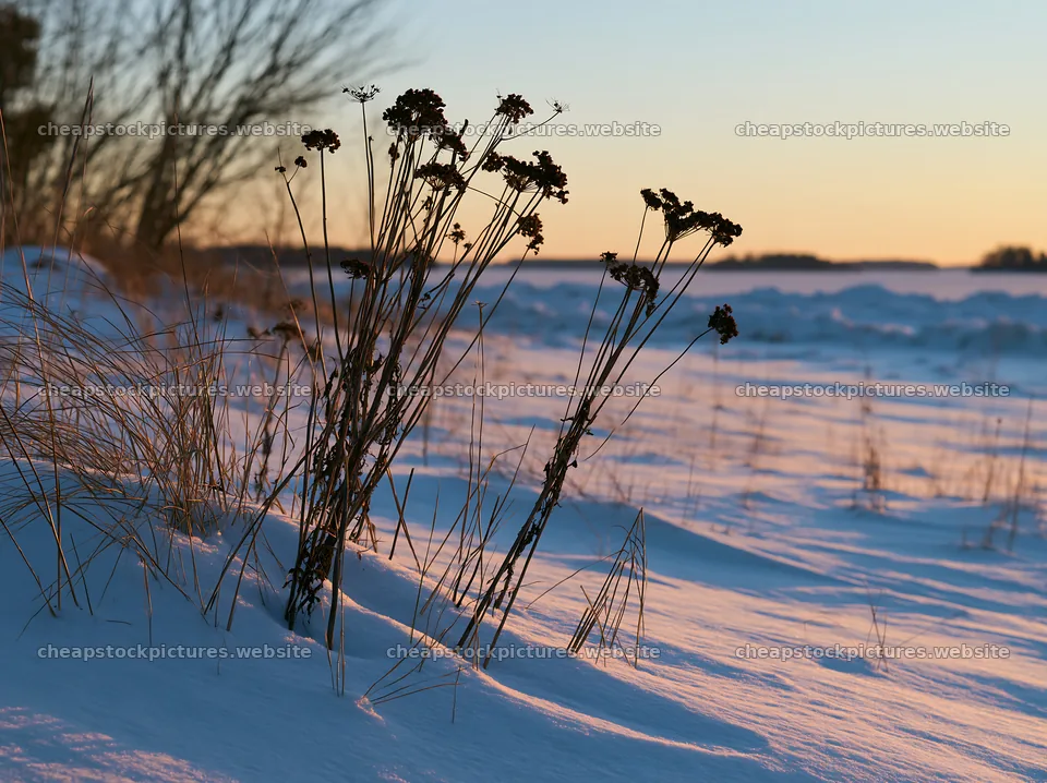 Dune meadow covered in snow during sunset – stock pictures 9174x6866