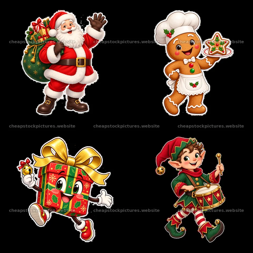 Santa, gingerbread man, gift box, and elf in Christmas design – stock pictures 7746x7746