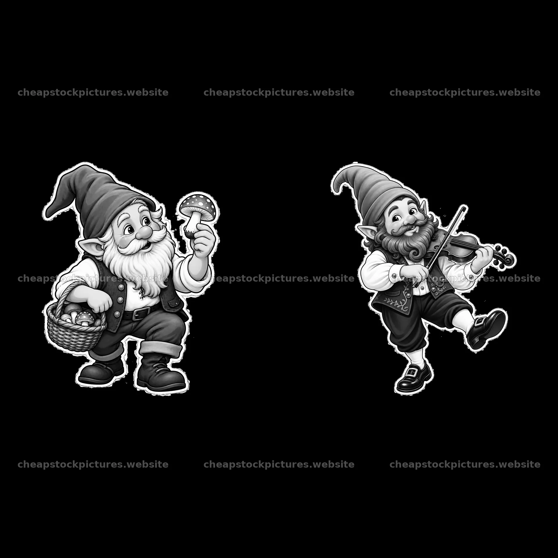 Gnome with a basket and gnome playing violin illustration – stock pictures 7746x7746