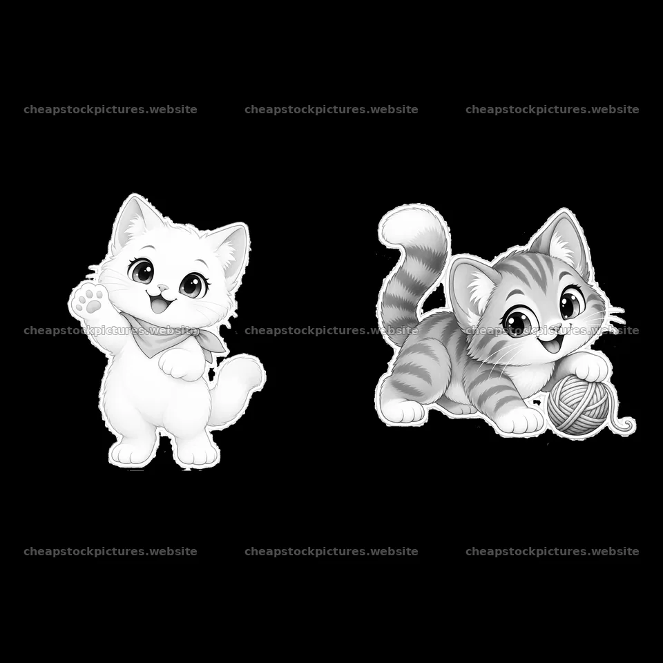 Kawaii cartoon cats with yarn and scarf in monochrome style – stock pictures 7746x7746