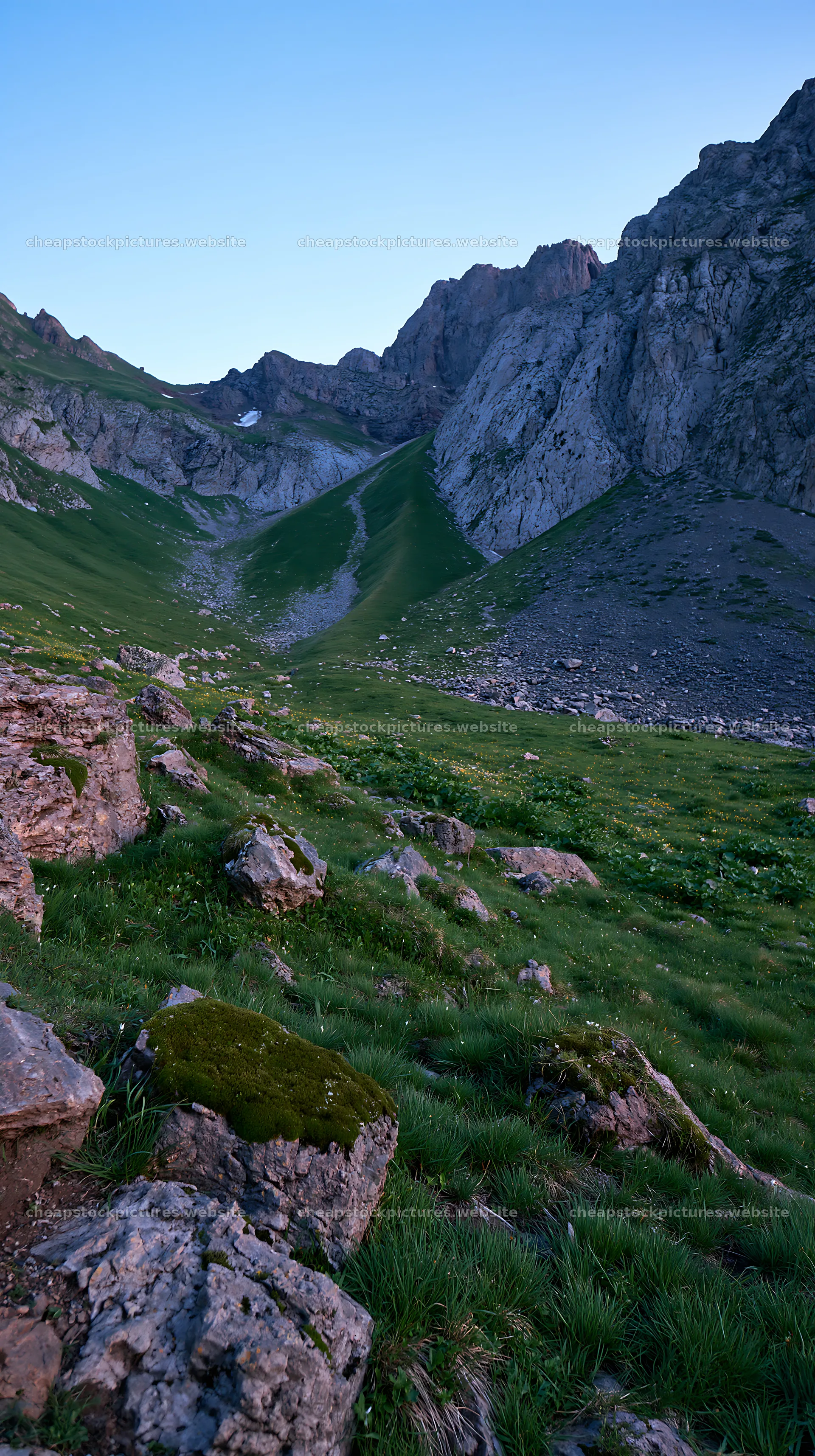 Mountain meadow landscape with rocky terrain at dusk – stock pictures 5938x10608