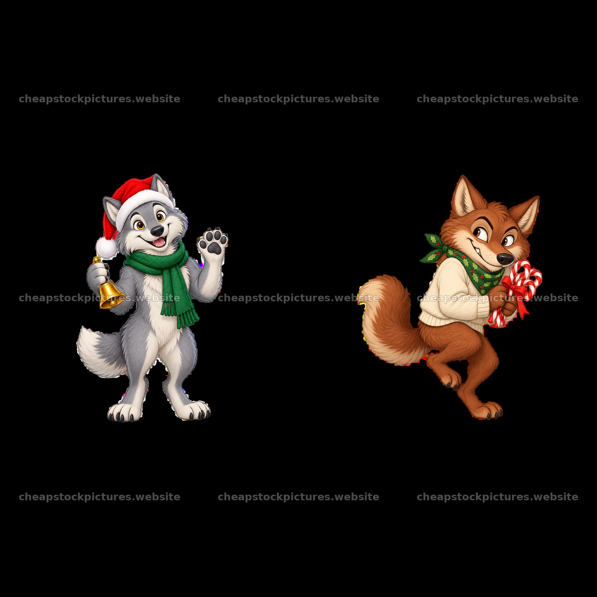 Christmas wolves with bells and candy canes for festive fun – stock pictures 7746x7746